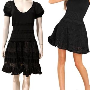 BEBE Black Knit Fit & Flare Mini Dress - Mixed Media Ruffle Lace Skirt LARGE